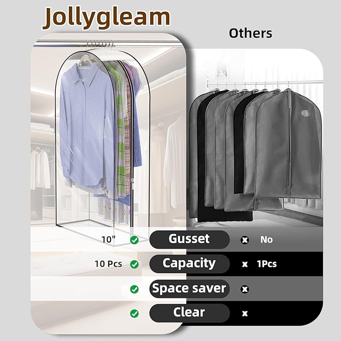 Upgraded Thickened Clear Garment Bags for Hanging Clothes 4 Packs, 10“ Gusseted Clothes Hanging Storage Bags for Closet, Shirts, Coats, Dresses (50 inch)