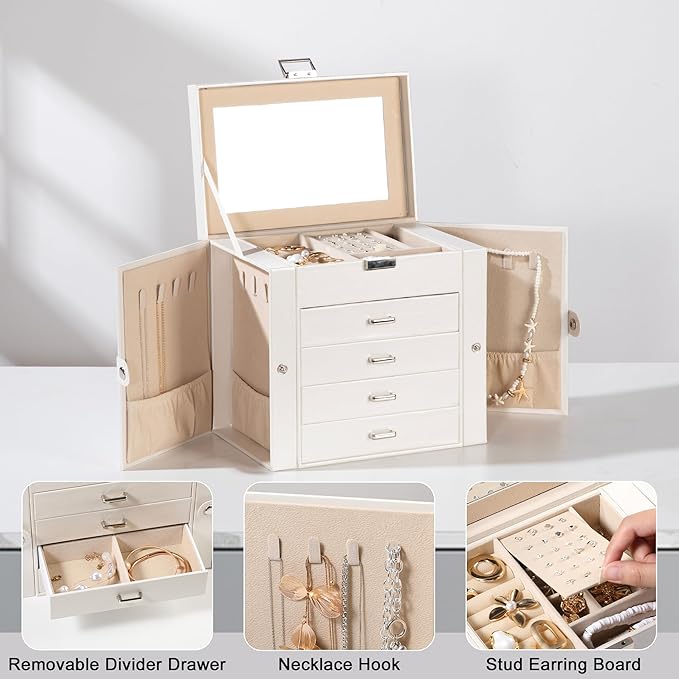 Frebeauty 5-layer Jewelry Box,Faux Leather Jewelry Organizer with 4 Drawers,Jewelry Organizers and Storage with Mirror,Jewelry Holder Organizer for Necklace,Jewerly Boxers for Women Girls(Black)