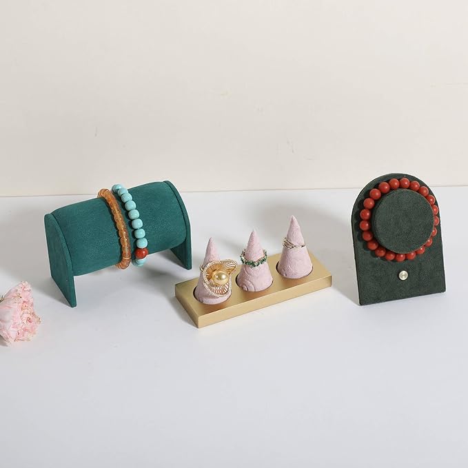 GemeShou pink jewelry ring display holder for selling, velvet ring cone display stand, cute cone shaped ring holder with golden coated base,Small jewelry ring storage organizer【Ring holder-pink】