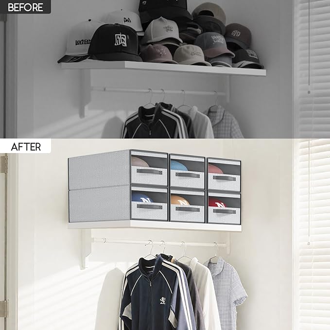 Hat Organizer for Baseball Caps - 2 Pack Pull-Out Drawer Hat Storage Organizer Box with Clear Window, Stackable Closet Cap Holder, Baseball Cap Organizer for Closet, Bedroom, Home, Ant Gray