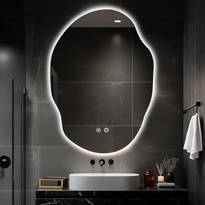 Asymmetrical Bathroom Mirror with Lights,Irregular LED Bathroom Vanity Mirror with Backlit,Anti-Fog,3 Colors and Dimmable Light with Memory,Hardwired Supported[Horizontal/Vertical] 35" H x 25" W