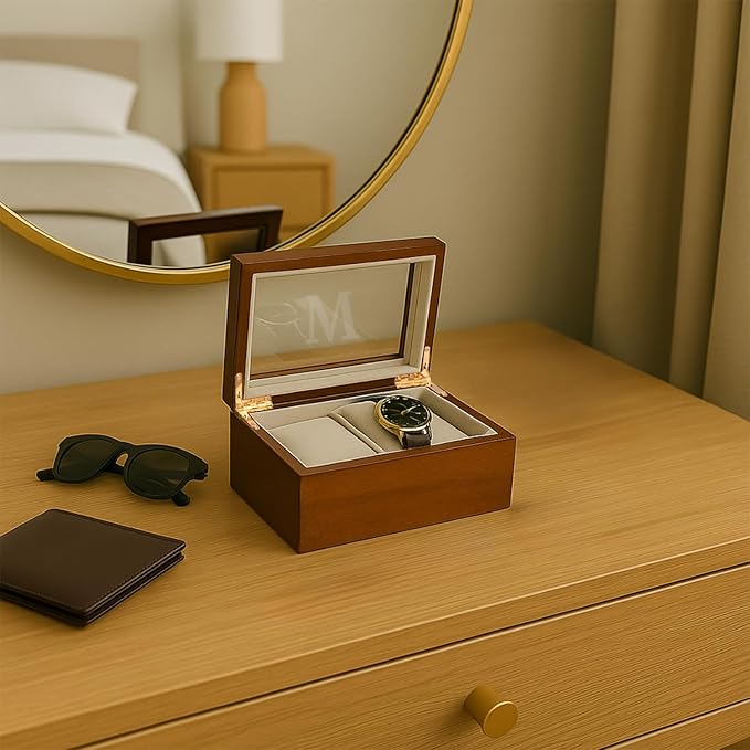 Bey-Berk Personalized Marquess 2-Slot Watch Box, Custom Glass-Top Solid Wood Watch Display Case with Velour-Lined Cushions, 6" x 4.5" x 3.25"
