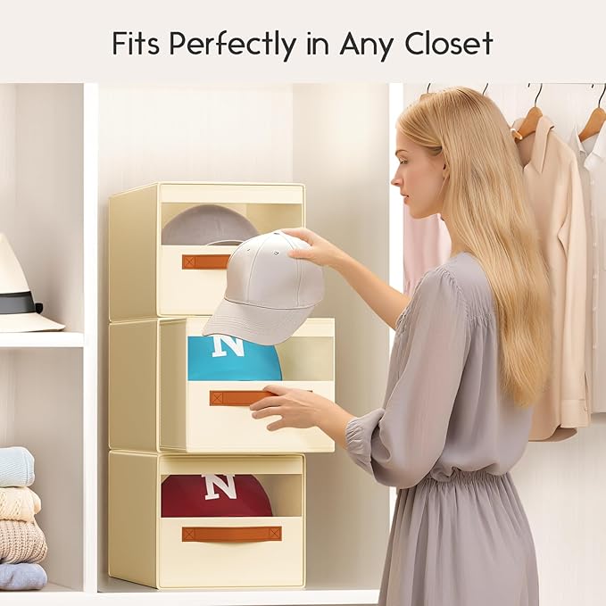 Hat Organizer for Baseball Caps - 4 Pack Pull-Out Drawer Hat Storage Organizer Box with Clear Window, Stackable Closet Cap Holder, Baseball Cap Organizer for Closet, Bedroom, Home, Beige