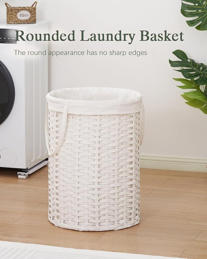 Laundry Basket Round Rattan Laundry Hamper 29.1 Gal(110 L) Handwoven Large Wicker Basket with Handles, Wicker Hamper with Removable Bags and 2 Mesh Bags for Bathroom Living Room White(No Lid)