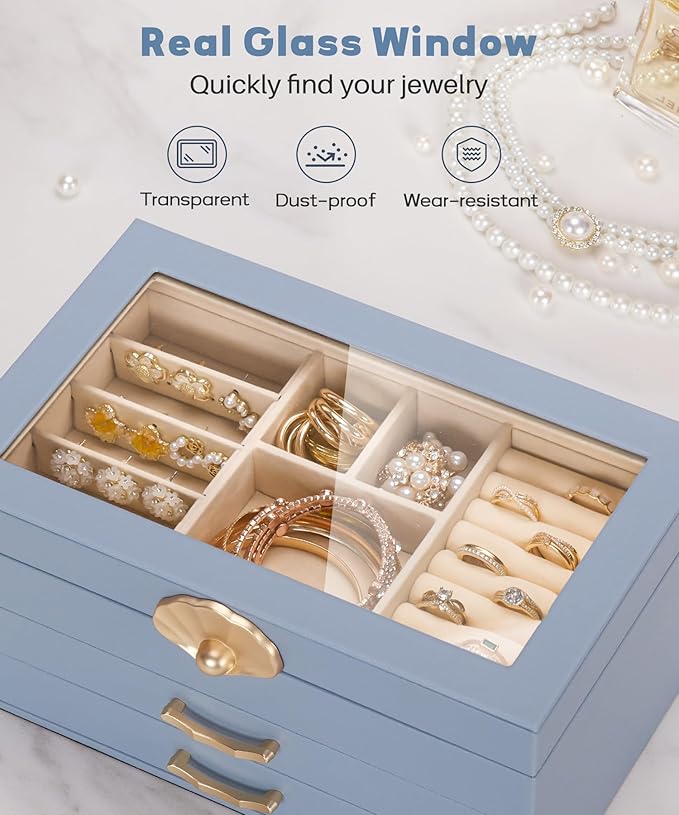 Jewelry Box with 2 Drawers: Jewelry Display Organizer for Earrings Necklaces - Gifts for Girls Women (Grey Blue)