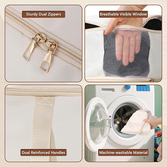 Comforter Storage Bag, Large Capacity Blanket Storage Bags with Visual Window, Ultra Space Saving Self Compression Organizer, Washable Compression Bag for Down Jacket, Pillow, Bedding 2-Pack 40L Beige