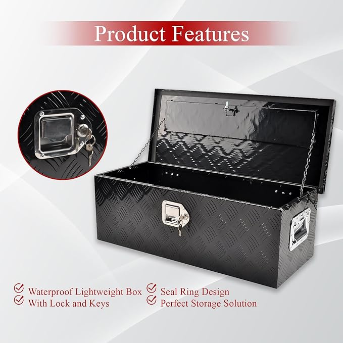 30''Inch Aluminum Truck Tool Box Truck Bed Toolbox Truck Trailer Chest Box Trailer Underbody Storage Organizer Waterproof Square Storage Organizer w/Lock & Keys Black(‎30" Lx13 Wx10 H)