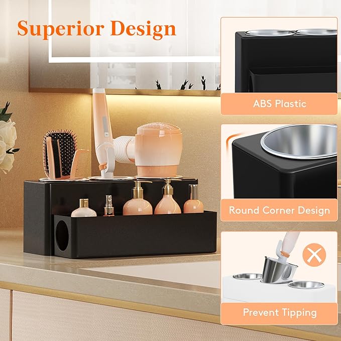 Lifewit Hair Tool Organizer Countertop, Removable Blow Dryer Holder for Bathroom, Acrylic Hot Tools Organizer Storage for Curling Iron, Brush, Straightener, 3 Stainless Cups, Black, 30 cm/12 inch(L)