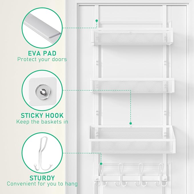Over The Door Shower Caddy, Over The Door Hook Organizer with 12 Hooks & 3 Mesh Baskets – Space-Saving Towel Rack & Storage Hanger for Bathroom, Kitchen, Bedroom, No Drill Door Hooks, White