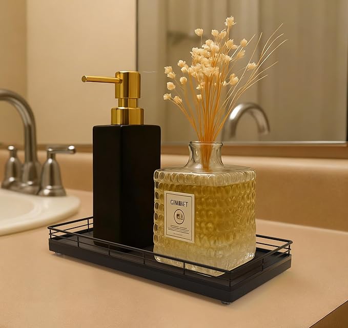 Bathroom Vanity Tray – 12" x 6" Oak Decorative Wooden Tray for Toilet Tank Organizer, Wood Tray for Bathroom Countertop, Soap, Perfume Storage Vanity Dresser Decor for Bathroom Essentials Black