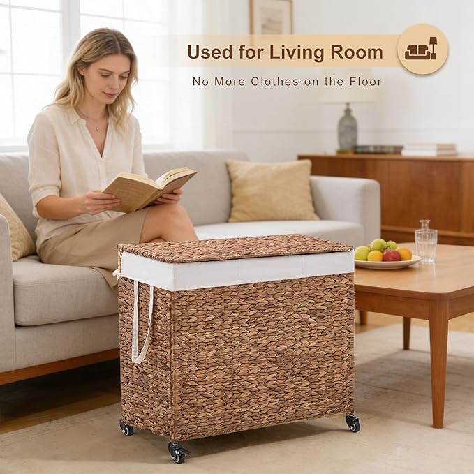 3-Section Laundry Hamper with Lid, Large Capacity Woven Natural Water Hyacinth Laundry Sorter with Removable Liners, Rolling or Non-Slip Design for Bedroom (Espresso, 3-Section)
