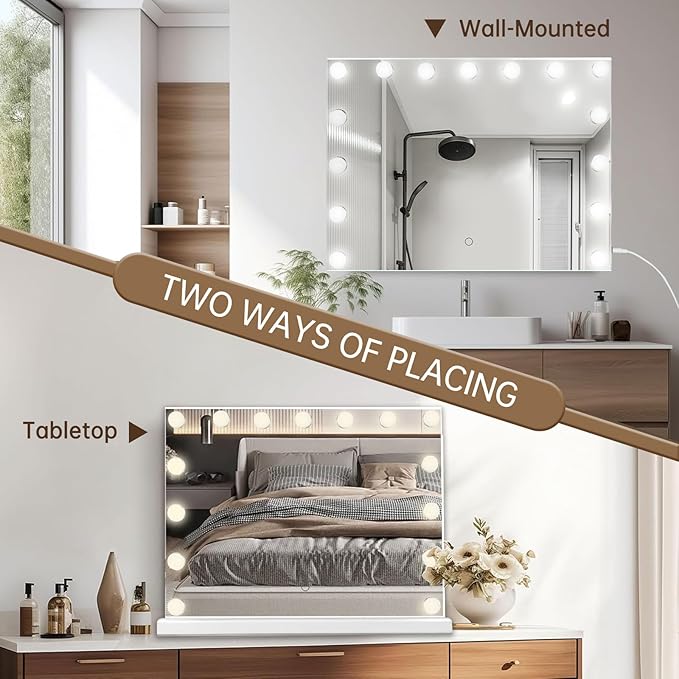 Hollywood Vanity Mirror with Lights, 23"x18" Lighted Makeup Mirror for Desk/Wall Mount, 15 Led Bulbs, 3 Lighting Modes for College Dorm, Bedroom & Dressing Room (White)