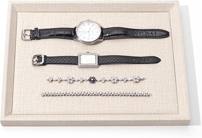 Leather Jewelry Tray Stackable Jewelry Drawer Organizer Display Tray With Linen Texture For Necklace Bracelet Watch Pendant Display Showcase(Large)