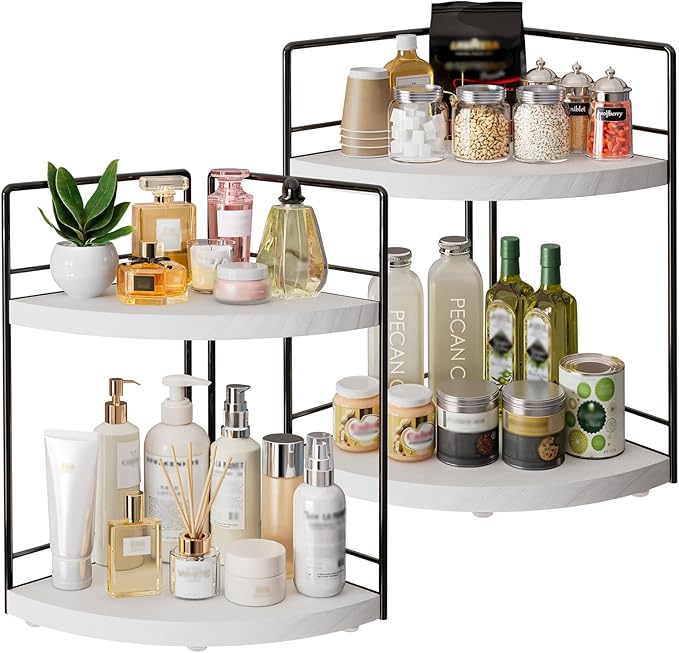 2 Pack Bathroom Counter Organizer,2 Tier Corner Bathroom Counter Organizer, Wooden Vanity Organizer for Bathroom Organizers and Skincare Cosmetics Dresser Storage