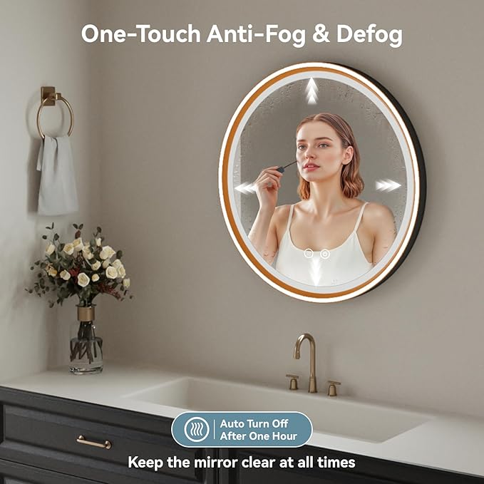 Led Bathroom Mirror with Lights, 30'' Round Heavy Duty Aluminum Frame Bathroom Vanity Mirror with Lights, 3 Colors, Brightness Stepless Dimmable, Anti-Fog, Memory Function, Double LED Orange