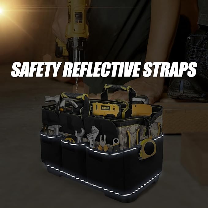 15 Inch Open Top Tool Tote Bag with Hard Bottom, Waterproof Electrician Tool Tote, Wide Mouth Tool Organizer with 15 Pockets, Heavy Duty Molded Base, Reflective Tool Bag for Men