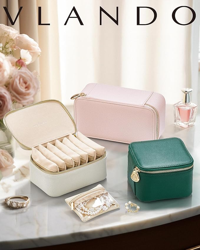 Vlando Jewelry Travel Case,Travel Jewelry Organizer with Clear Velvet Jewelry Bags 6Pcs Zipper Pouch for Women Girl Christmas Wedding Gift-Green