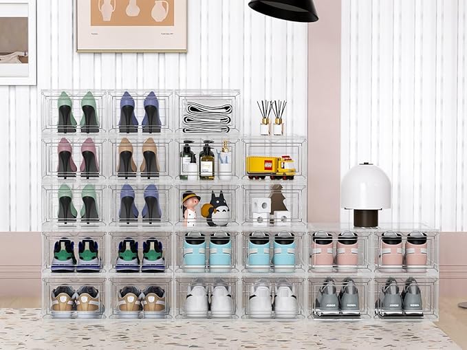 10 Pack Extra XX Large Hard Plastic Clear Stackable Shoe Storage Box Organizer for Closet, Thicken Sturdy Sneaker Shoe Rack Display Case Containers Bins with Lids and Magnetic Door, Clear