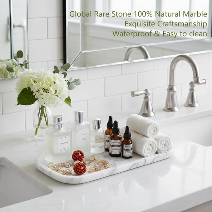 Marmor Real Natural Marble Bathroom Tray for Perfume, Candles, Jewelry Stone Vanity, Bathroom & Kitchen Counter Organizer and Home Decor Statuario White（11.41 * 5.51 * 0.7）