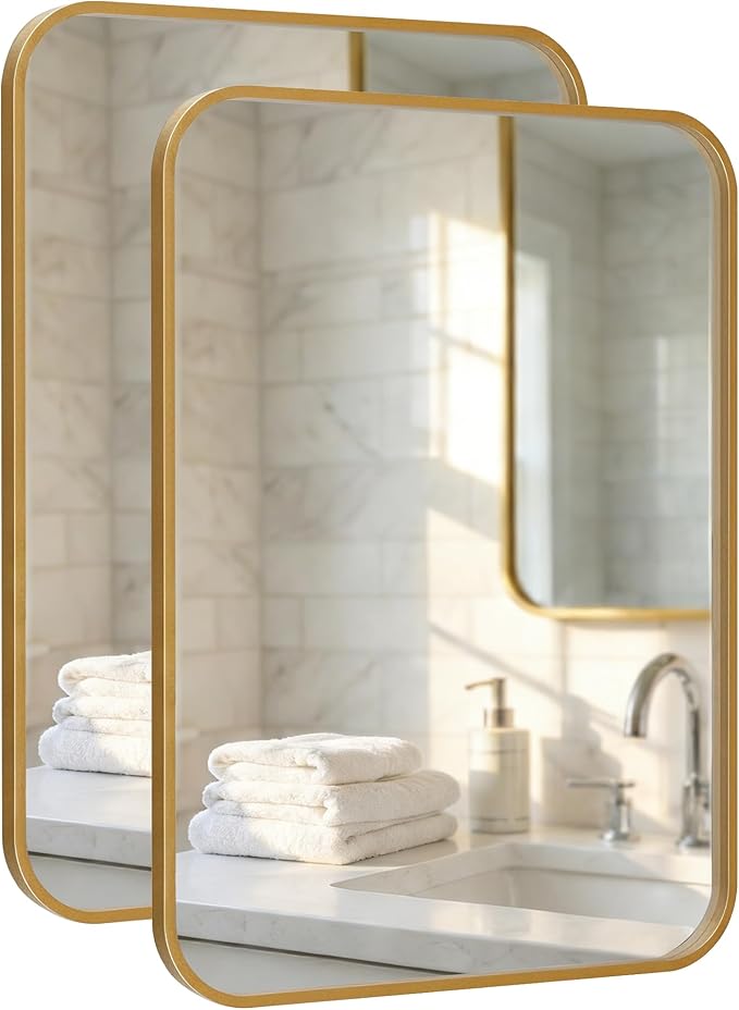 2 Pack Bathroom Mirrors for Over Sink, 24"x36" Gold Framed Vanity Mirror, Rounded Corner Rectangular Metal Mirror for Wall, Mid Century Modern Decor