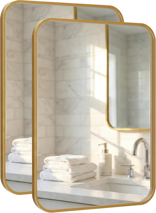 2 Pack Bathroom Mirrors for Over Sink, 24"x36" Gold Framed Vanity Mirror, Rounded Corner Rectangular Metal Mirror for Wall, Mid Century Modern Decor