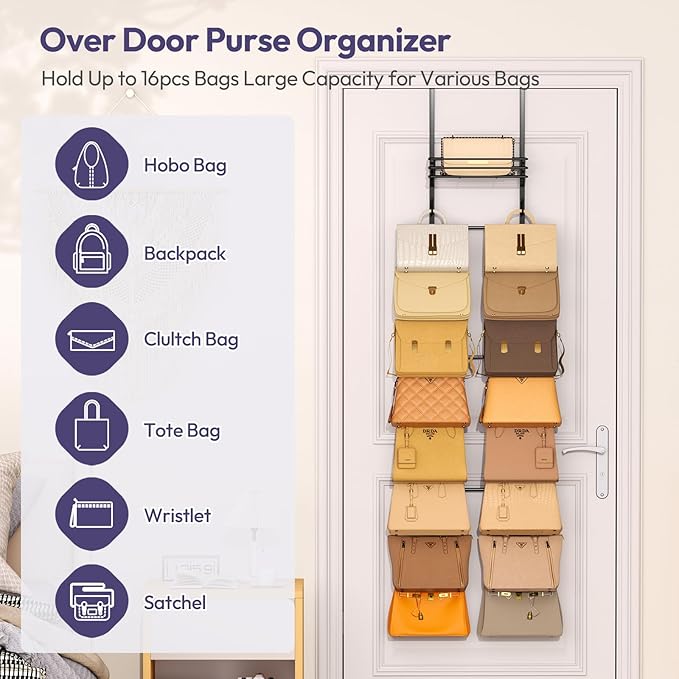 SWTYMIKI Over The Door Purse Organizer - Wall Mounted Handbag Organizer with 16 Hooks and Metal Basket, Hanging Purse Storage Rack Holds up to 16 Bags, Bag Rack Can Use As 1/2 Part, for Door, Closet