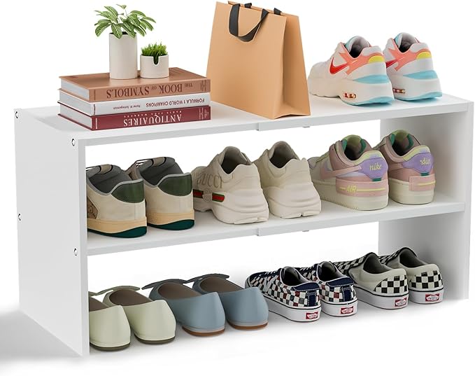 White Shoe Rack Organizer for Closet, 2-Tier Expandable Shoe Shelf, Stackable Iron Wood Combination Small Shoe Racks Shelves for Closets, Entryway,Small Space,Hallway,Garage,6-12 Pairs,Patent Pending