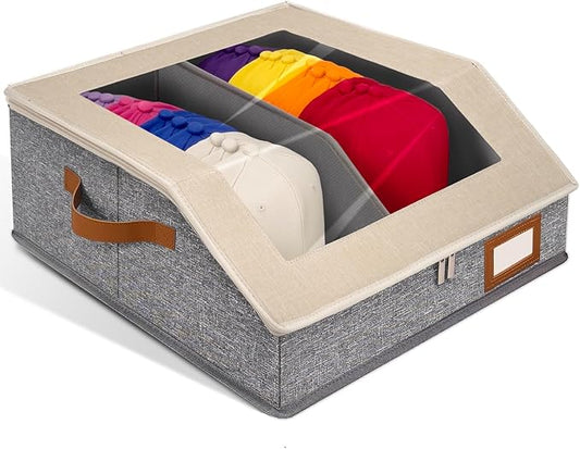 2-in-1 Hat Organizer for Baseball Caps Holds 24-30 Hats Holder for Closet with Clear lid Stackable Hat Storage with Adjustable Space Cowboy Hat Box for Men Women 1 PCS White and Grey