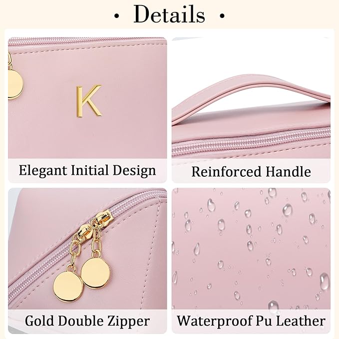 Valentine's Day Gifts for Women Teen Girl, Personalized Initial Makeup Organizer Bag Set, Open Flat Travel Cosmetic Bag With Clear Divider and Handle(Pink,K)
