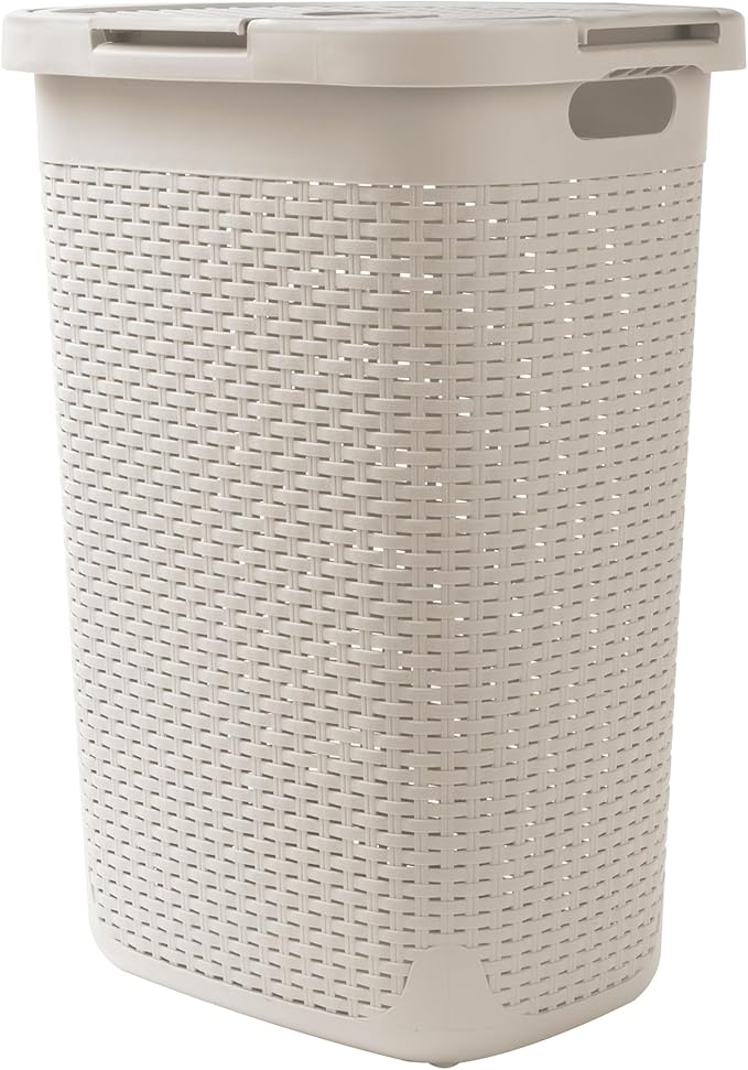 Mind Reader Slim Laundry Hamper with Lid, 60L Clothes Basket, Premium Wicker Design, Plastic, Ivory