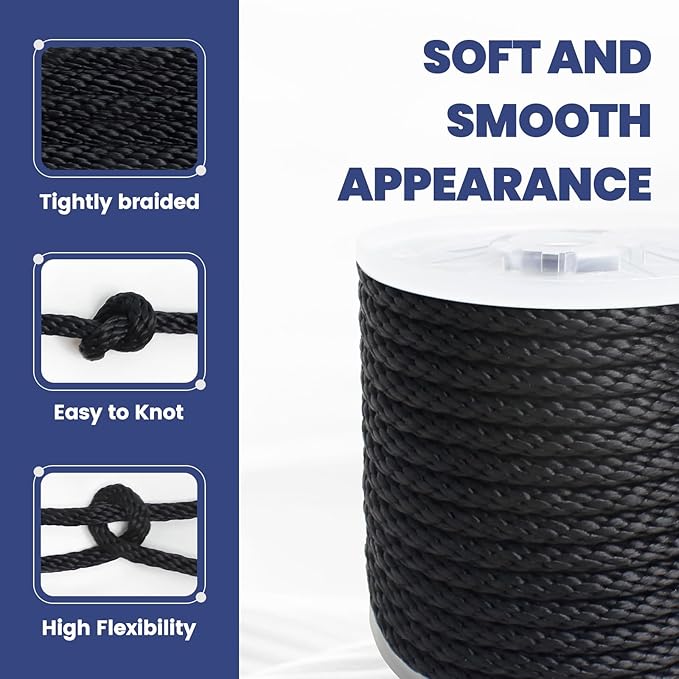 MERIANE Black Nylon Rope 1/2inch 100FT – Multipurpose Solid Braided Rope – Ideal Use for Camping, Clothesline, Marine, Flag Line – Abrasion & UV Resistant – Shock Absorption Rope for Indoor Outdoor