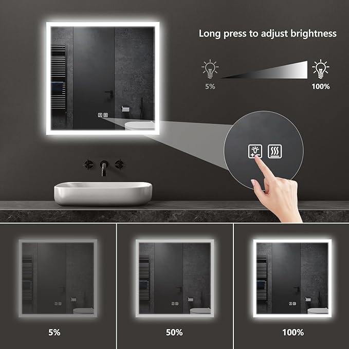 APRILSOUL 36x36 Inch LED Mirror for Bathroom, Led Vanity Mirror with Front and Backlit, 3 Color Lights, Memory Function, Anti-Fog and Dimmable Light (Horizontal/Vertical)