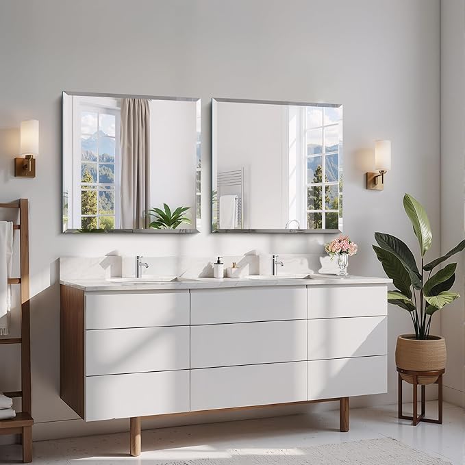 CILIBER Beveled Mirror, 24x24 inch Square Bathroom Mirrors for Wall, Upgraded Shatterproof Frameless Vanity Mirror Over Sink with Beveled Edge for Bathroom,Bedroom,Living Room and Entryway