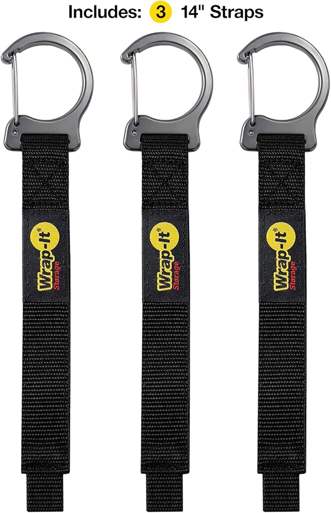 Wrap-It Storage Quick Clips - 14" (3-Pack) Black - Cable Straps With a Metal Clip to Use as an Extension Cord Organizer or Garden Hose Holder