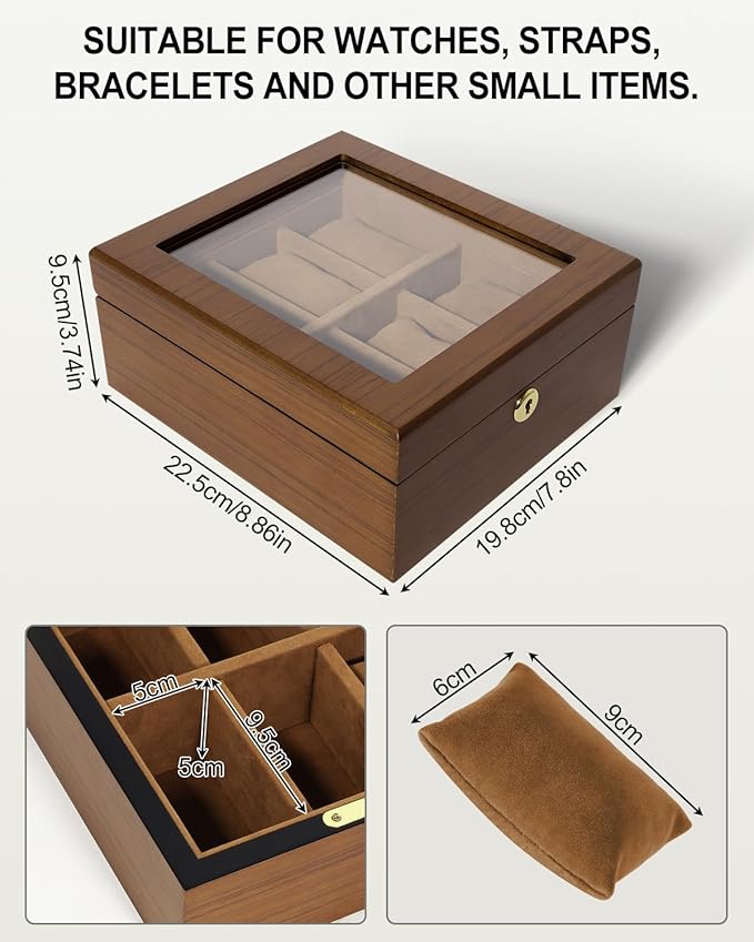 Uten Watch Box with 6 Slots, Watch Case Organizer with Golden Lock and Key, Wooden Watch Display Storage Box with Removable Watch Cushions, Velvet Lining, Metal Clasp