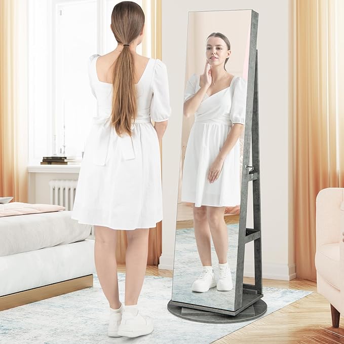 Mirror Jewelry Cabinet Standing with Full Length Mirror, 360° Swivel Jewelry Armoire with 3-Color LED Lights & Foldable Makeup Shelf, Lockable Organizer for Women, Space-Saving (Stone Gray)