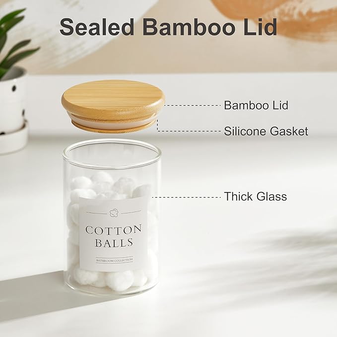 4 Pack Qtip Holder Dispenser - Glass Apothecary Jars with Lids, Cotton Ball Pad Swab Round Holder, Bamboo Bathroom Accessories, Bathroom Organizers Containers Jars Canisters with Lids