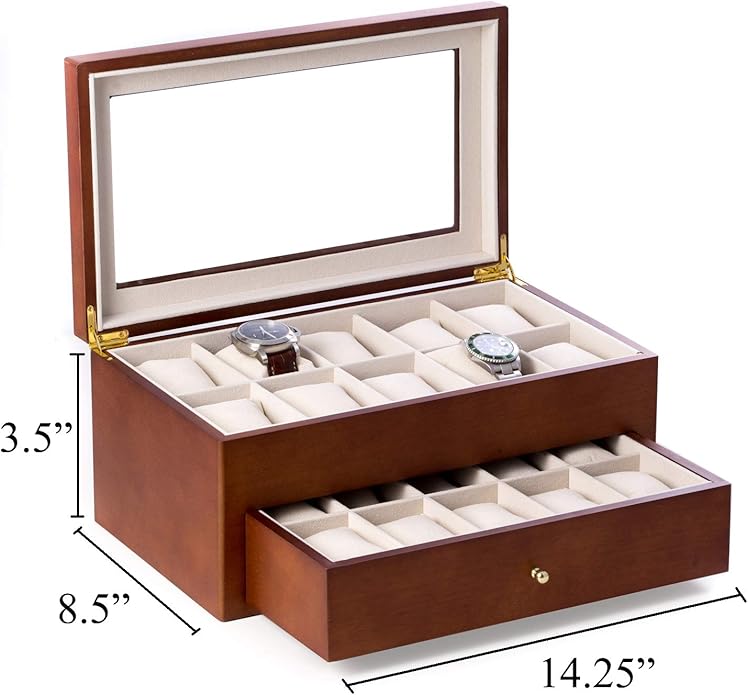 Bey-Berk Custom Personalized Watch Box Organizer - 20 Slot Luxury Solid Wood Designer Display, Large Watch Slots