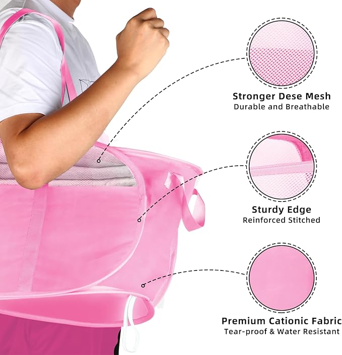 100L Collapsible Laundry Baskets, Tear Proof Pop Up Laundry Hamper with Dual Handles, Large Foldable Laundry Basket, Easy to Carry Laundry Hamper for Home, Laundry Room, Bedroom, Dorm, Travel Pink