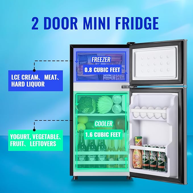 2.4 Cu.ft Fridge Dual Door Refrigerator with Freezer Dorm Fridge for Personal Senven Temp Gear Suit for Apartment, Bedroom, Rv Dark Gray