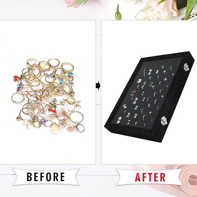 Rings Organizer Tray 10 Slots Velvet Ring Display Tray Insert Jewelry Earring Storage Box with Transparent Glass lid Can Hold 100 Rings Earrings Suitable for Girls and Women (Black)