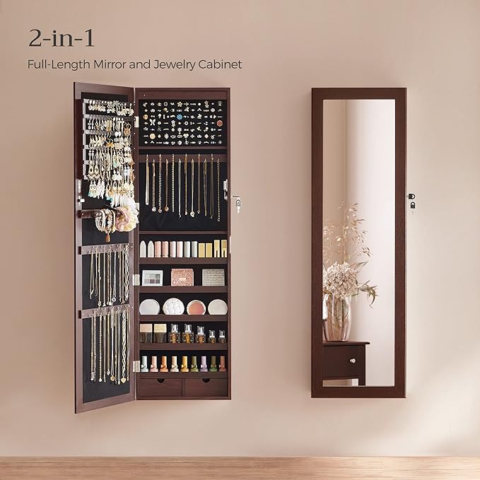SONGMICS 6 LEDs Mirror Jewelry Cabinet, 47.2-Inch Tall Lockable Wall or Door Mounted Jewelry Armoire Organizer with Mirror, 2 Drawers, 3.9 x 14.6 x 47.2 Inches, Brown UJJC93K