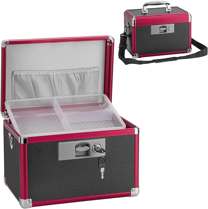Medicine Lock Box for Safe Medication - 13.4 x 7.6 x 8.2 Inches - Lockable Storage Box for Drugs, First Aid Kit Empty, Lock Boxes with Key for Home/Outdoor (Black & Red/Large)