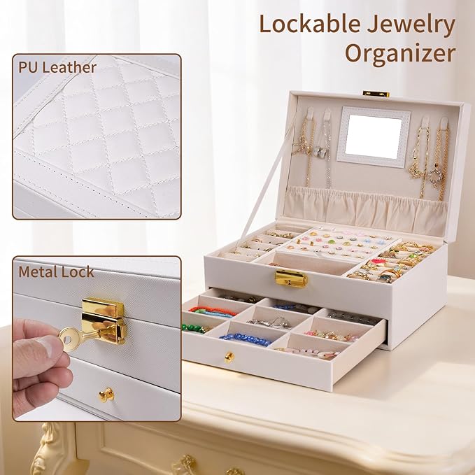 Jewelry Box, 2 Layer Jewelry Organizer with Velvet Earring Organizer, Jewelry Holder Organizer Travel, White Jewelry Boxes for Women, Jewelry Boxes & Organizers for Girls, Christmas Gifts