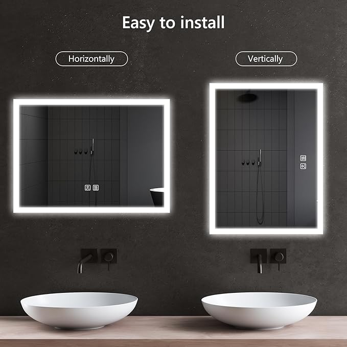 APRILSOUL 48x36 Inch LED Mirror for Bathroom, Led Vanity Mirror with Front and Backlit, 3 Color Lights, Memory Function, Anti-Fog and Dimmable Light (Horizontal/Vertical)
