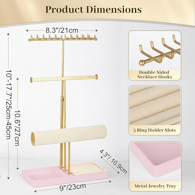 Tirzah 3-Tier Adjustable Gold Jewelry Holder Organizer Stand with 20 Necklace Hooks, 18 Earring Holes and Notches, Bracelet Holder, 6 Ring Rolls, Pink Tray for Girls, Women
