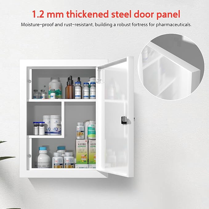 Wall-Mount Locking Medicine Cabinet: Large Metal Storage Organizer Box with Combination & Key Lock - First Aid Medicine Cabinet 3-Compartment Design for Bathroom Home (15.75" H x 11.82" W x 4.72" D)