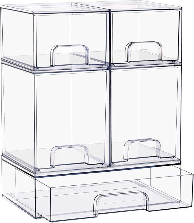 Sorbus Stackable Acrylic Storage Drawers – 2 Small + 2 Tall + 1 Wide – 5 Pack Clear Plastic Organizer Bins for Baby Bottles, Makeup, Bathroom & Vanity, Pull-Out Drawer Design for Kitchen Cabinets