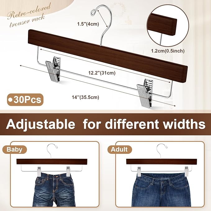 Sieral 30 Pack Wooden Pants Hangers with Clips Solid Wood Skirt Suit Coat Hangers with 2 Adjustable Clips 360 Degree Swivel Hook for Trousers Jeans Slacks Shorts Bottom, 14 Inch(Brown,Stylish)