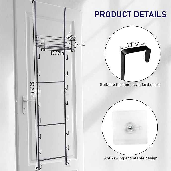 Over the Door Purse Organizer with 16 Hooks and Storage Basket, Wall Mounted Handbag Organizer, Purse Organizer for Closet Holds up to 16 Bags, Purse Holder for Door Has Split Design